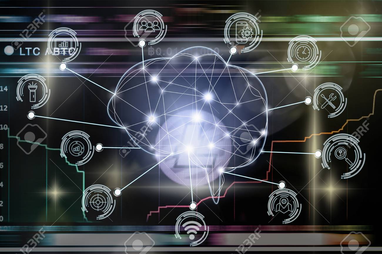 仮想通貨ビットコイン為替取引画面、AIとビジネスIOTコンセプト上のスマートシティモノのインターネット技術の様々なアイコンを持つ人工知能の多角形脳形状の写真素材・画像素材  Image 96096945