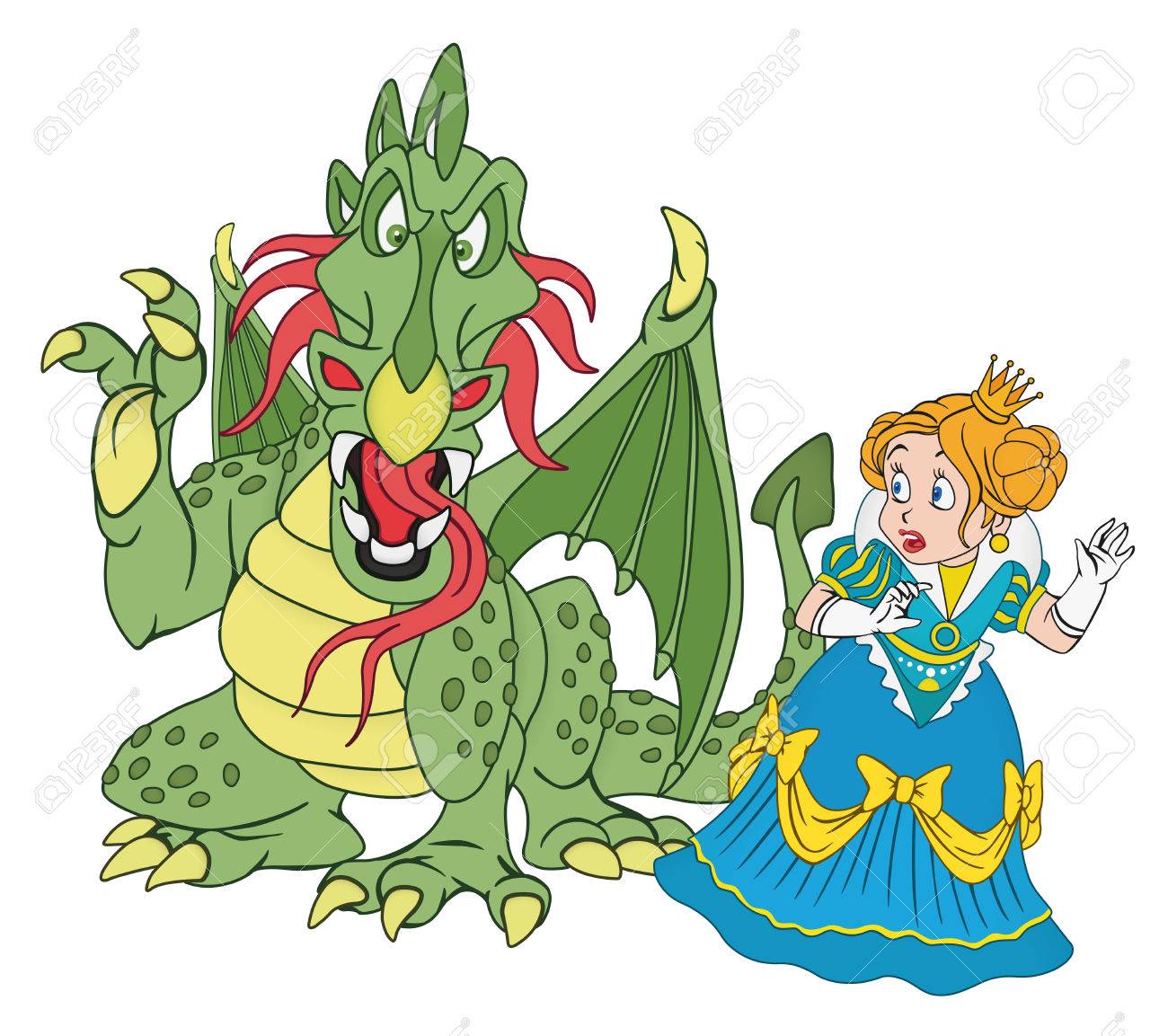 illustration of scared princess and angry dragon royalty free