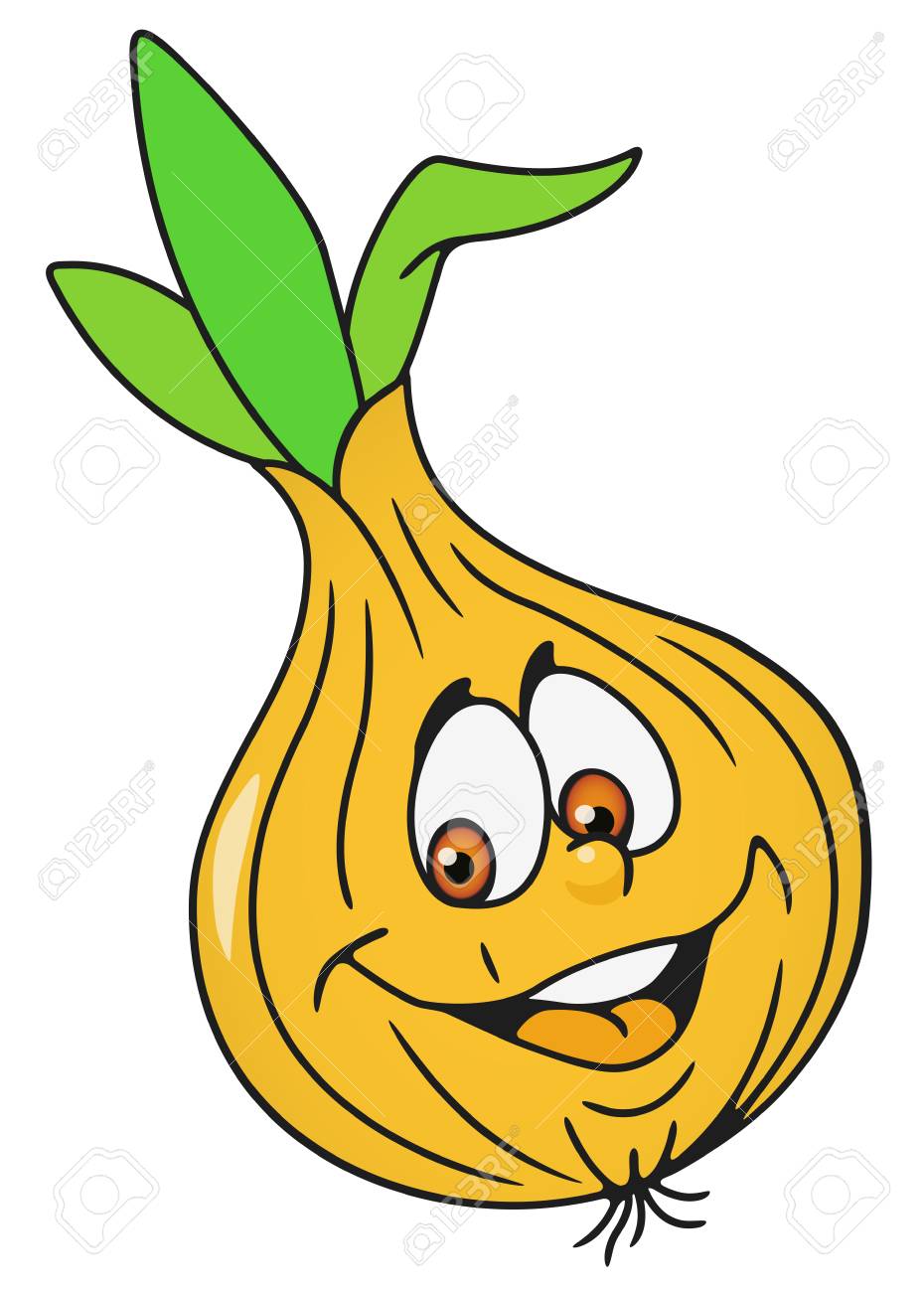 陽気な新鮮な玉ねぎの電球の漫画のキャラクター。白地。のイラスト素材