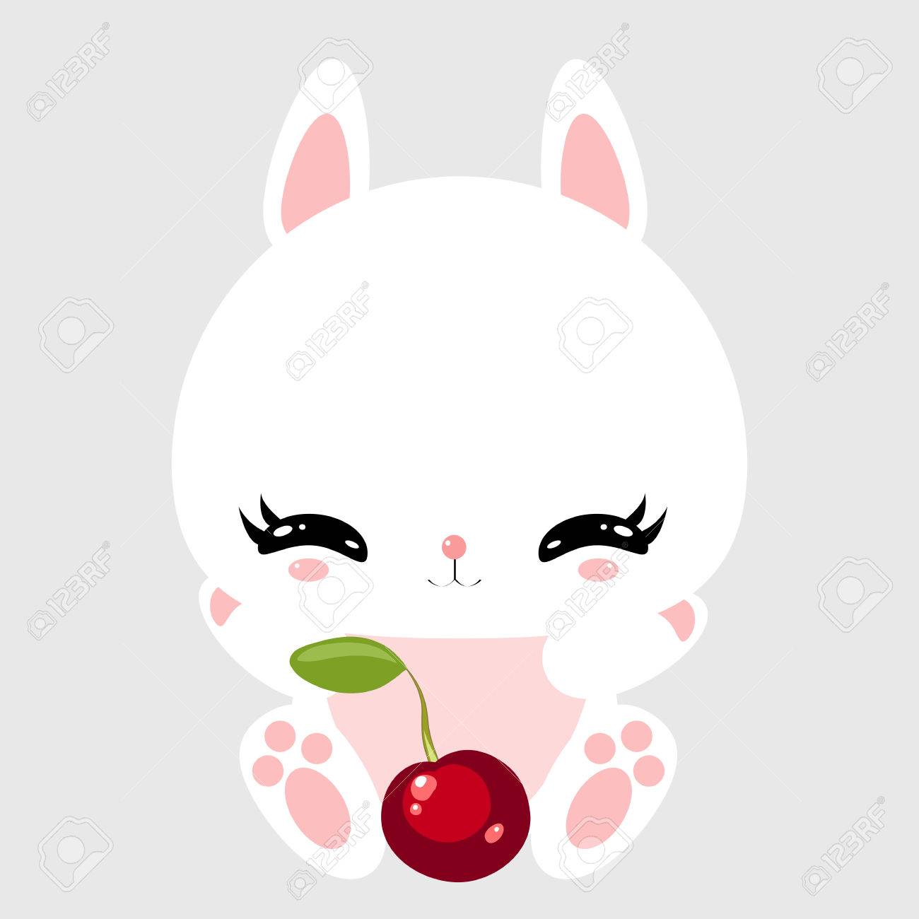 甘くてジューシーなチェリーとかわいいウサギ おいしい 自然食品 離乳食 子供たちのキャラクター のイラスト素材 ベクタ Image