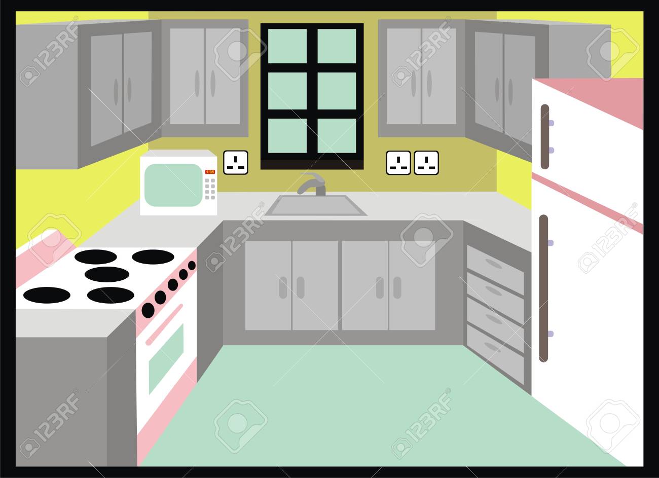 電子レンジ冷蔵庫コンロ キャビネット引き出し消火栓インテリア デザインを含むベクトル キッチン シンプルなデザインのイラスト素材 ベクタ Image