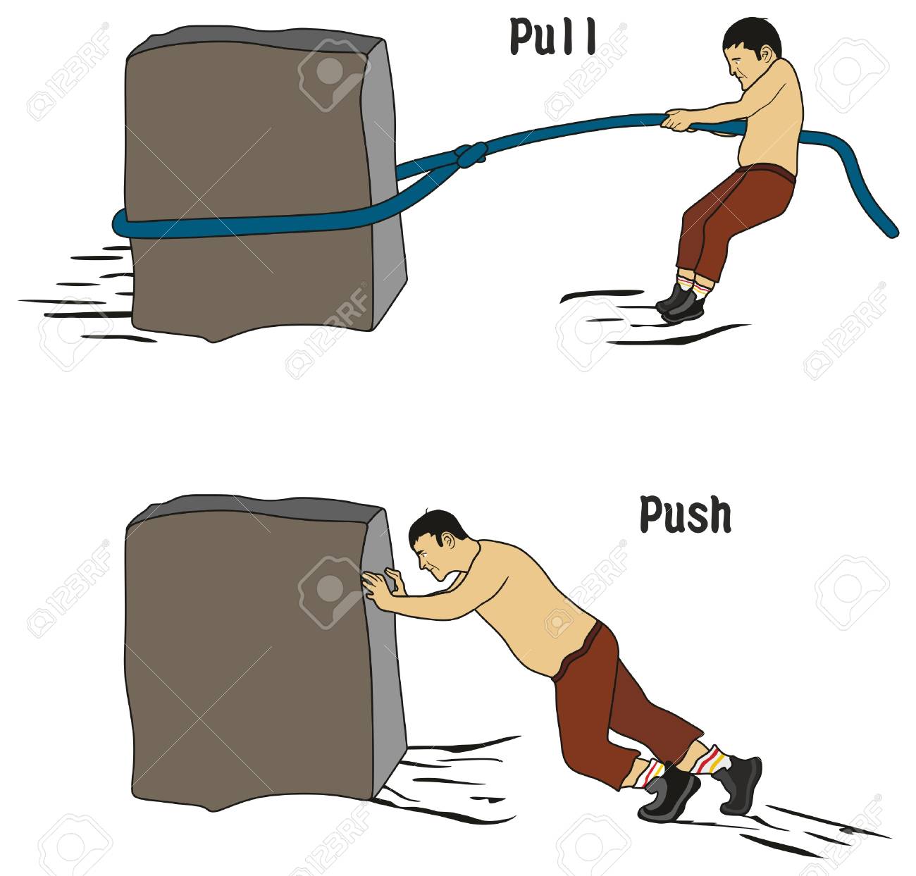 Pull and Push Concept for education conceptual drawing showing man pulling heavy stone using rope while other pushing it - 88190002 Pull and Push Concept for education conceptual drawing showing man pulling heavy stone using rope while other pushing it - 88190002
