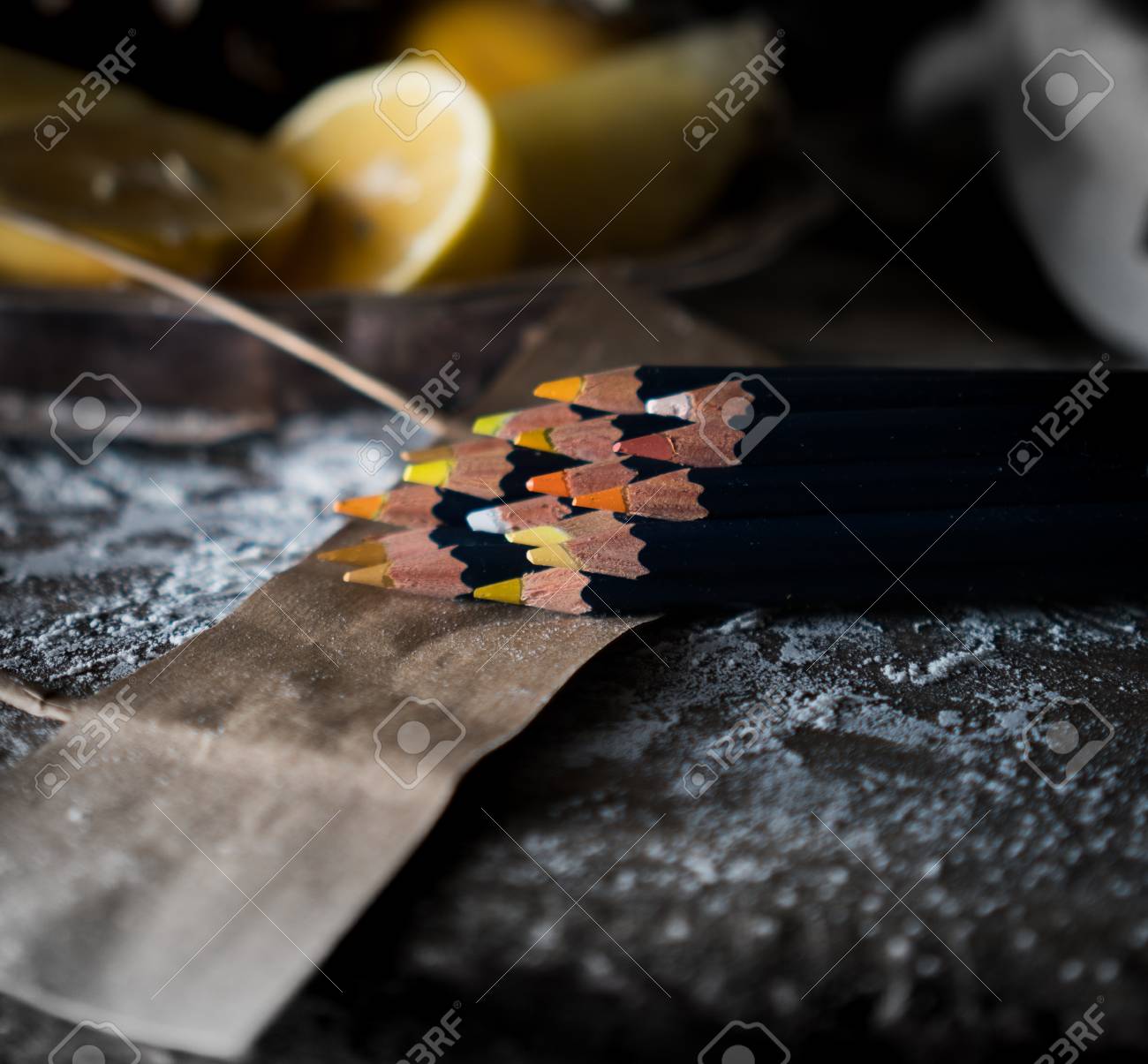 Set Of Colored Pencils On A Wooden Table Background Tropical.. Stock ... Set Of Colored Pencils On A Wooden Table Background Tropical.. Stock ...
