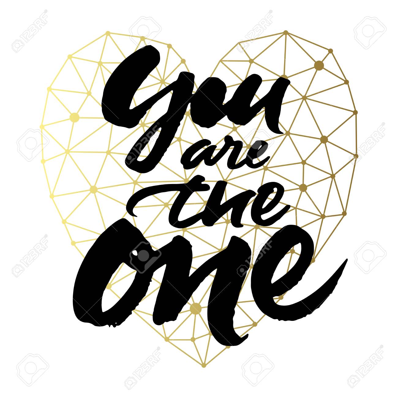 love card design with hand brush lettering you are the one on golden geometric