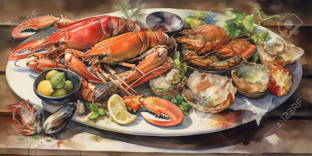 Eine Meeresfrüchteplatte In Einem Aquarellgemälde, Das Die Frische Und  Vielfalt Von Meeresfrüchten In Seiner Natürlichen Farbgebung Zur Geltung  Bringt Lizenzfreie Fotos, Bilder und Stock Fotografie. Image 203601945.