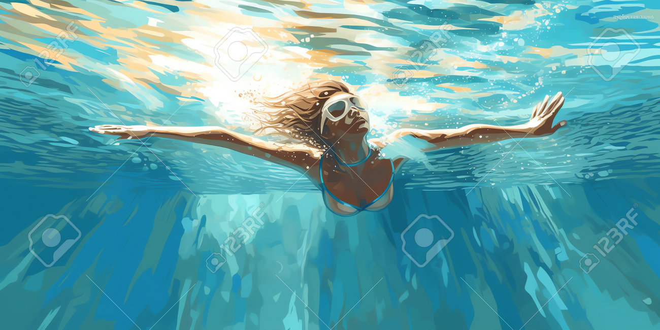 水泳　海 水泳:スイマーが透き通った海を優雅に滑空し、夏のスポーツの静けさと優雅さを取り入れる水中の静けさ。ジェネレーティブ AI。の写真素材・画像素材  Image 206464240