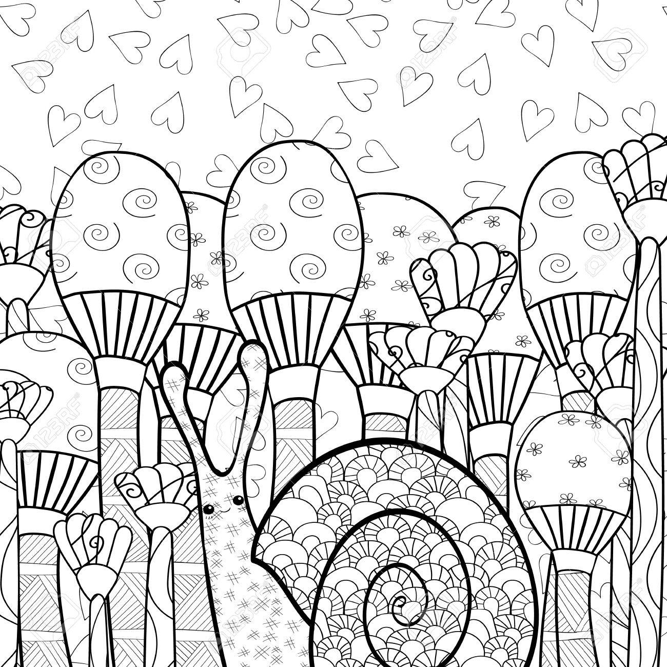 気まぐれなキノコ森本ページを着色大人でかわいいカタツムリ ライン アートのベクトル イラスト のイラスト素材 ベクタ Image