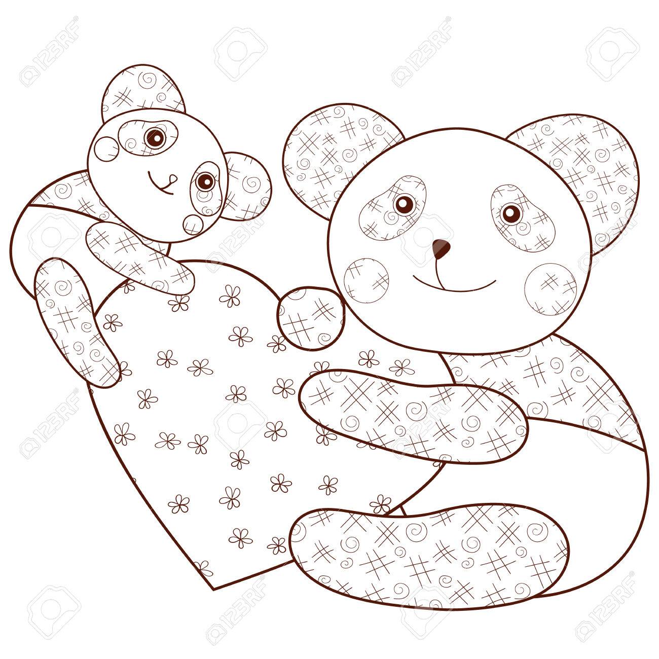 Kid Coloring Book Page Cute Panda With Heart And Baby Panda Brown Outline Whimsical Line Art Vector Illustration Royalty Free Cliparts Vectors And Stock Illustration Image