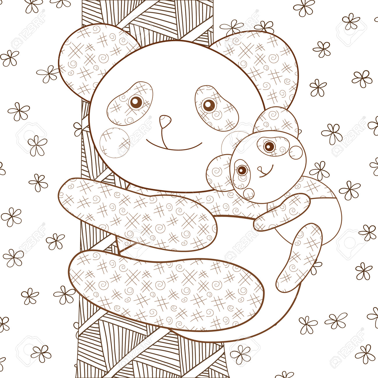 Page De Livre De Coloriage D Enfant Panda Mignon Avec Bebe Sur L Arbre Contour Brun Dessin Au Trait Lunatique Vector Illustration Clip Art Libres De Droits Vecteurs Et Illustration Image
