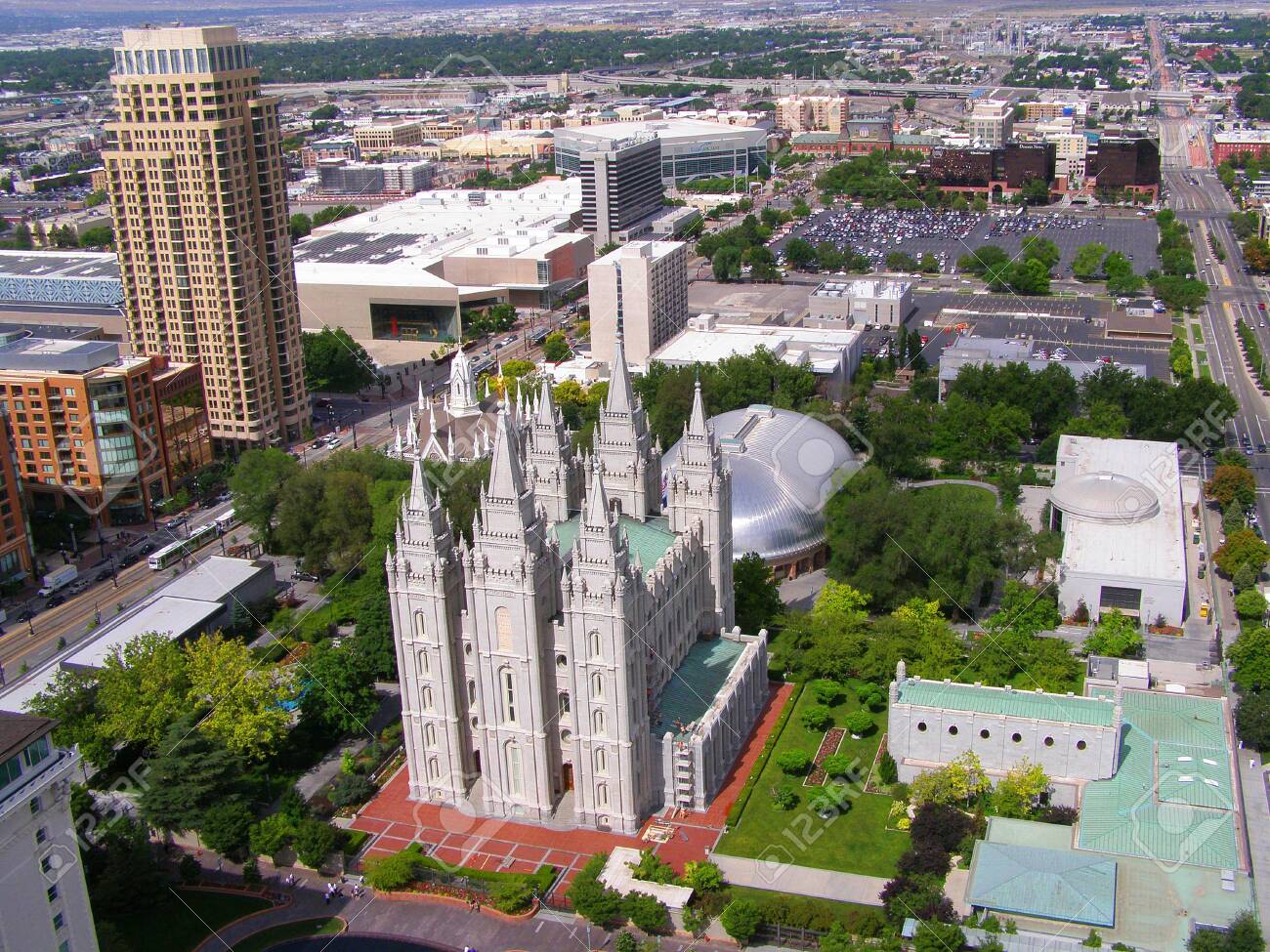 Salt Lake City Skyline With Mormon Temple Temple Of The Church Of Jesus Christ Of Latter Day Saints In Salt Lake City Utah From The Height Of The Aircraft Stock Photo Picture And