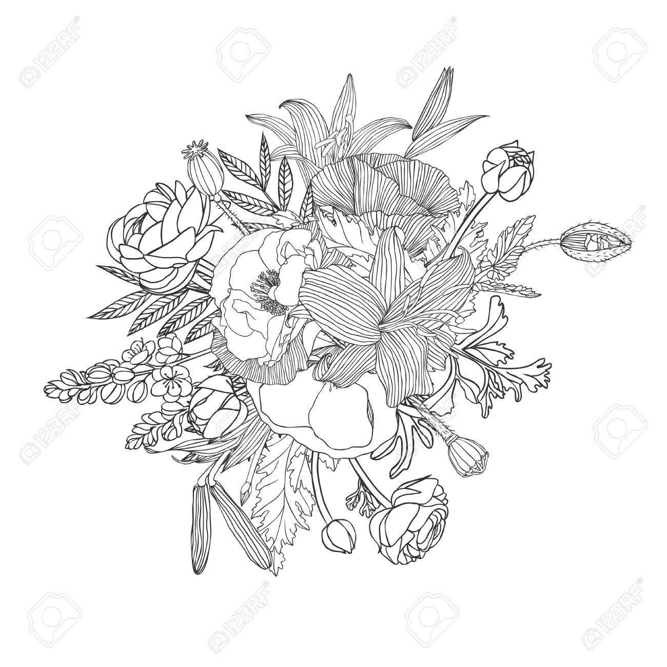 Bouquet De Fleurs Dessin Noir Et Blanc Bouquet Linéaire De Fleurs. Noir Sur Blanc Clip Art Libres De Droits, Svg, Vecteurs Et Illustration. Image 50634932