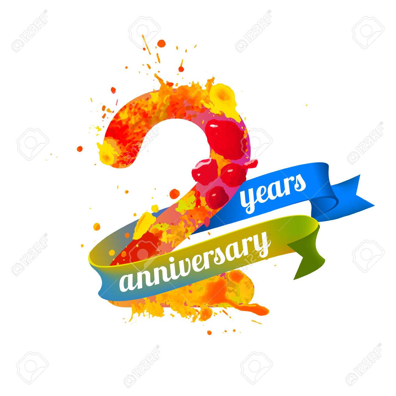 two 2 years anniversary vector watercolor splash paint royalty