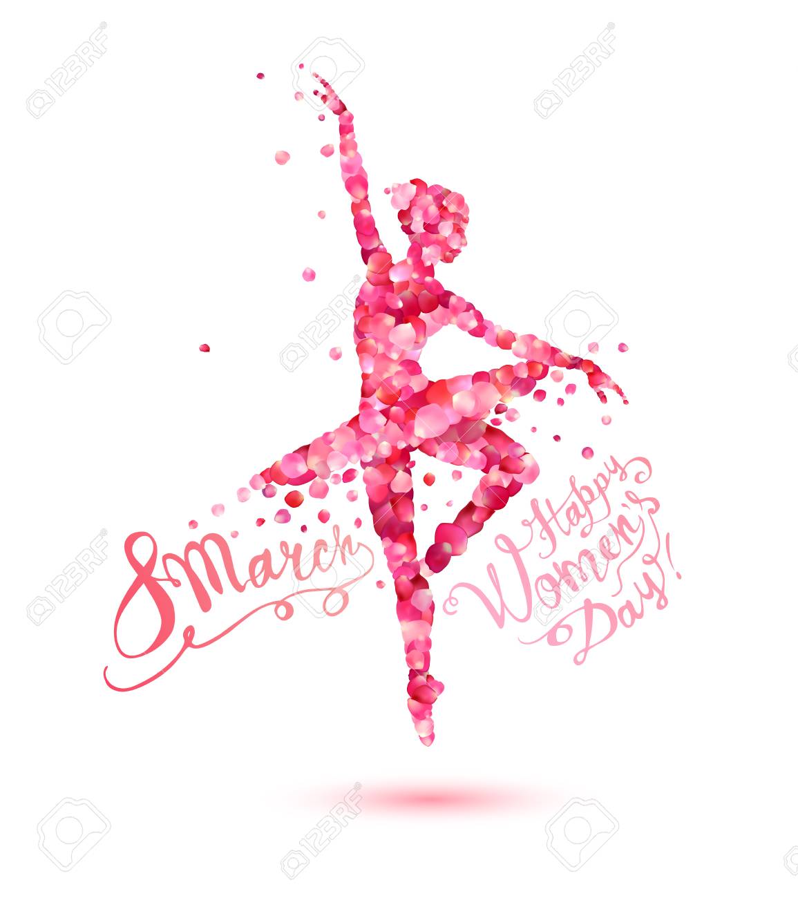 8行進 女性の日おめでとう ピンクのバラの花びらの踊る女性のシルエットのイラスト素材 ベクタ Image