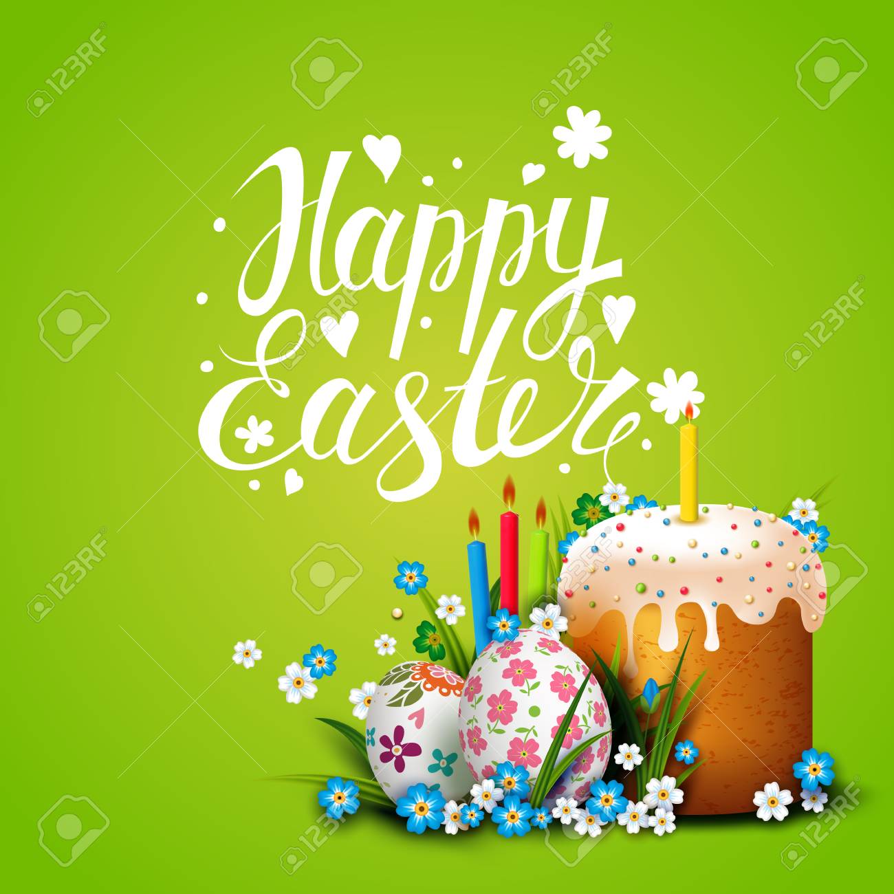 easter card template with easter eggs flowers and easter cake