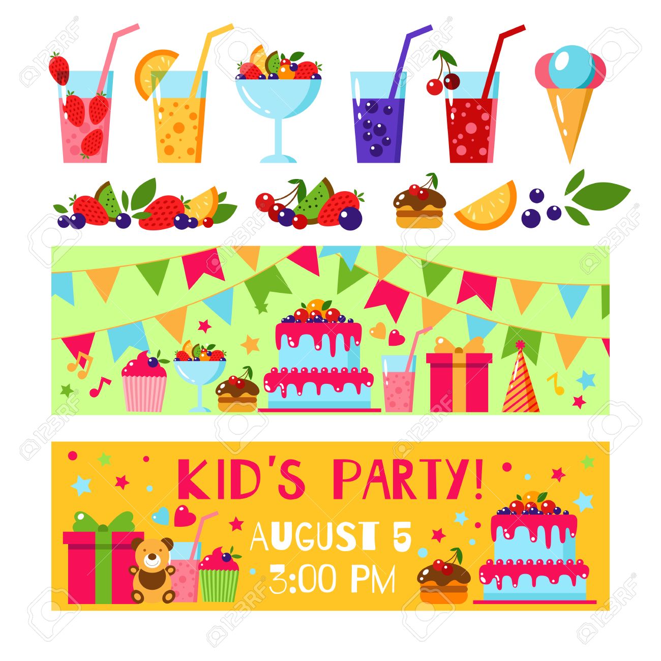 happy birthday invitation card flat vector kids invitation