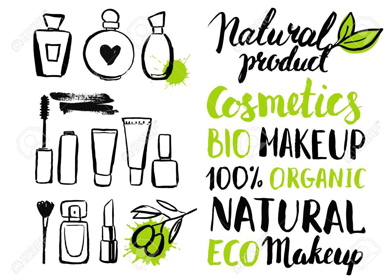 Brush Tiré Par La Main Cosmétique écologique Naturel Crème Mascara Parfum Brosse Rouge à Lèvres Calligraphie Encre Caractères Esquisser