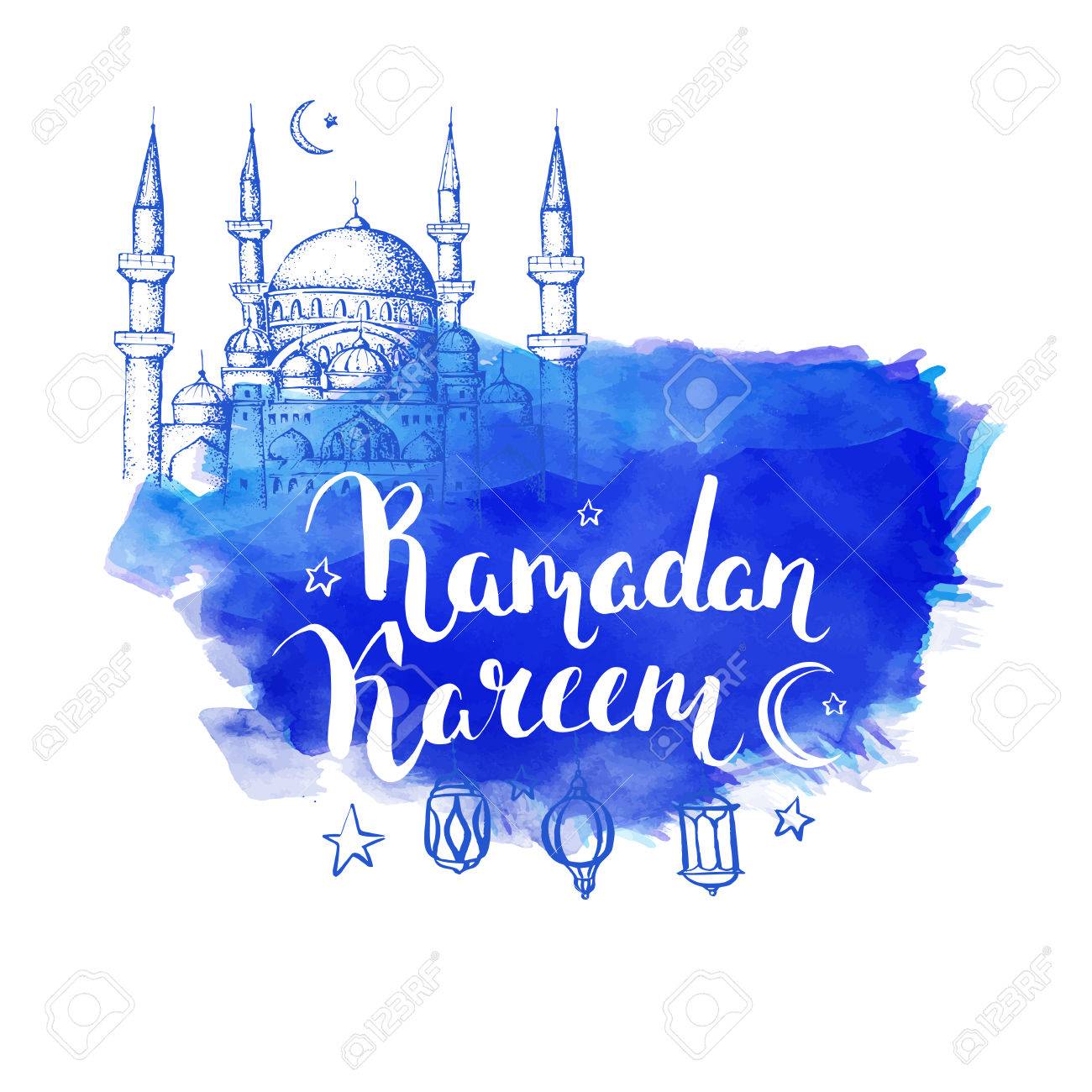 Mosque At Night Ramadan Kareem Arabic Lanterns Vector Blue