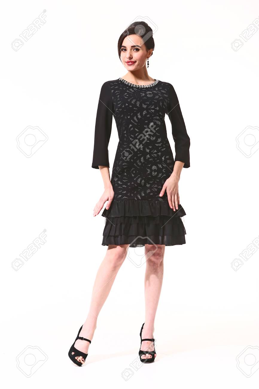Asian Woman With Up Do Hair Style In Black Formal Party Cocktail Dress High Heels Shoes Full Length Body Portrait Standing Isolated On White Back View. Stock Photo, Picture And Royalty Free Asian Woman With Up Do Hair Style In Black Formal Party Cocktail Dress High Heels Shoes Full Length Body Portrait Standing Isolated On White Back View. Stock Photo, Picture And Royalty Free