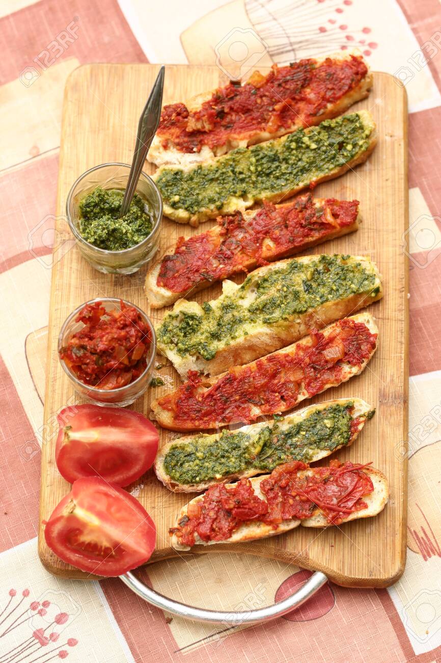 Hot Chili Tomato And Pesto Sauce Sliced Roasted Italian Ciabatta Stock Photo Picture And Royalty Free Image Image 153636720