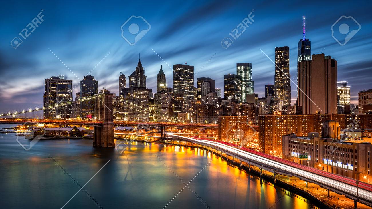 Brooklyn Bridge and the Lower Manhattan at dusk - 45150546 Brooklyn Bridge and the Lower Manhattan at dusk - 45150546