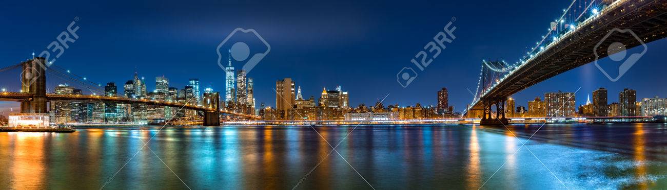 Night panorama with the downtown New York City skyline and the "Two Bridges": Brooklyn Bridge and Manhattan Bridge, viewed from Brooklyn Bridge Park - 50734251 Night panorama with the downtown New York City skyline and the "Two Bridges": Brooklyn Bridge and Manhattan Bridge, viewed from Brooklyn Bridge Park - 50734251