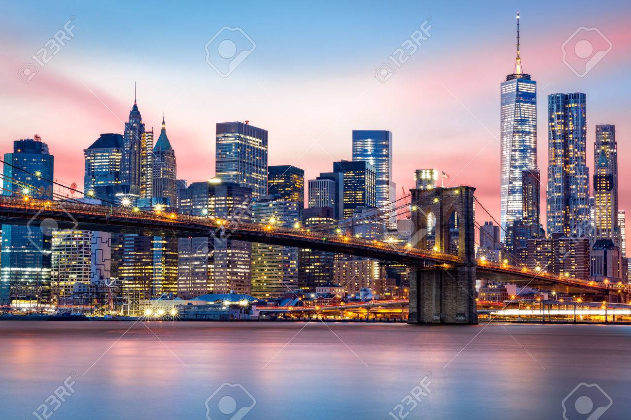Brooklyn Bridge at and the Lower Manhattan skyline under a purple sunset - 50919790 Brooklyn Bridge at and the Lower Manhattan skyline under a purple sunset - 50919790