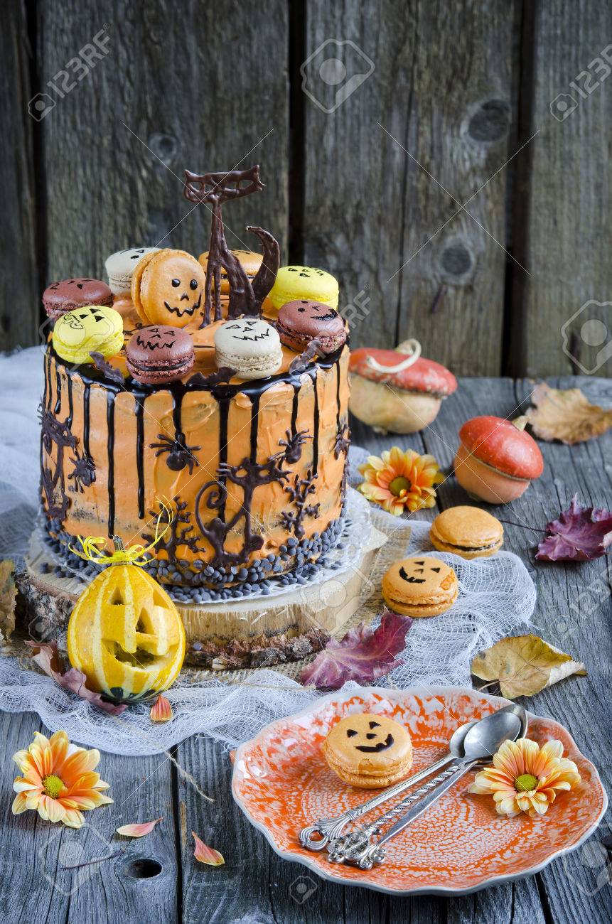 Orange Chocolate Cake With Decoration For Halloween Stock Photo