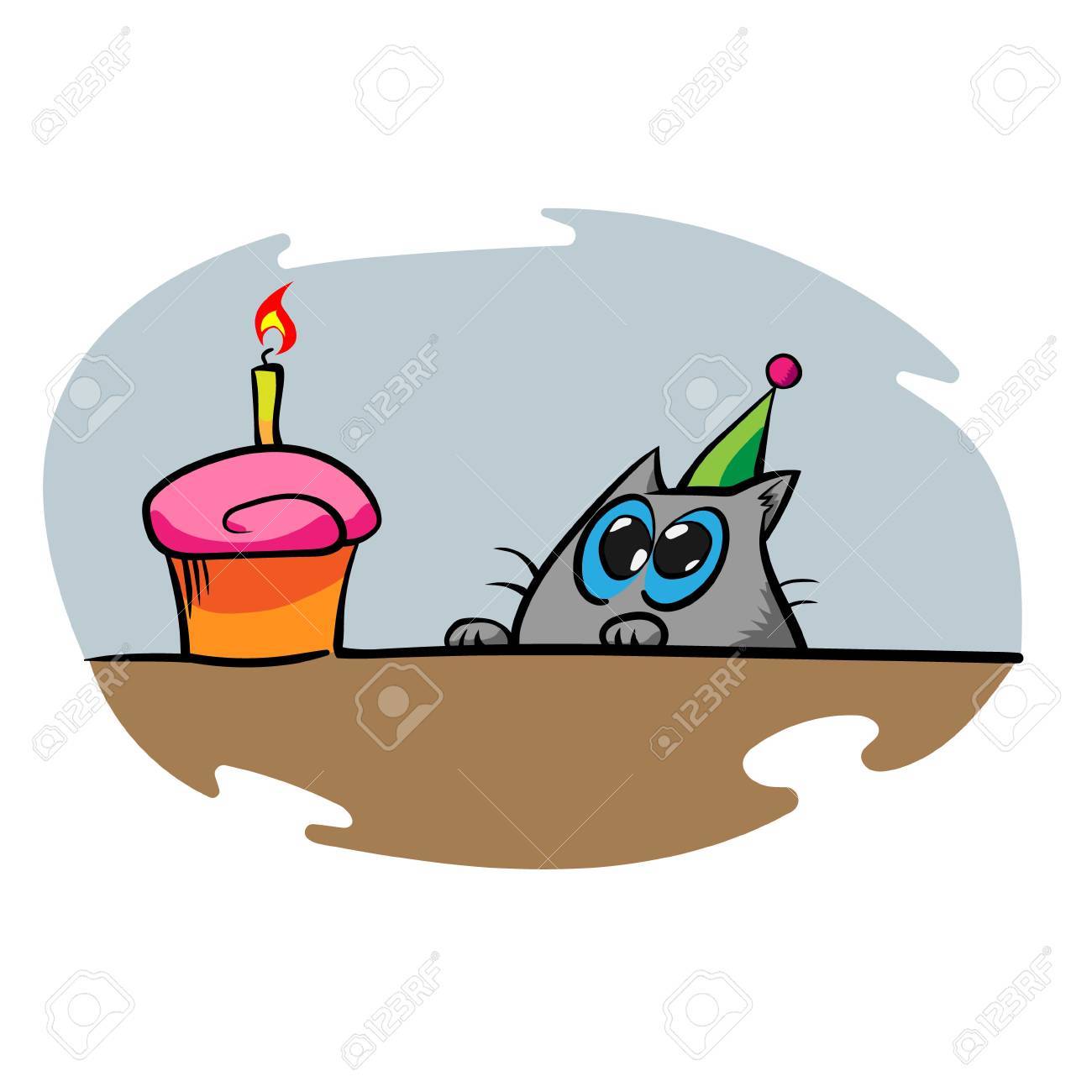 Chat De Dessin Anime Regardant Fixement Le Petit Gateau D Anniversaire Clip Art Libres De Droits Vecteurs Et Illustration Image