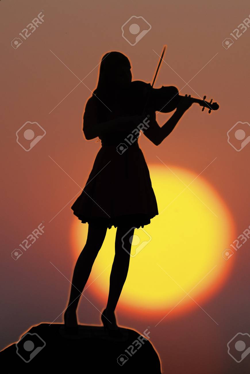 Silhouette Of A Young Girl With Violin On Sunset Background Stock Photo,  Picture and Royalty Free Image. Image 43616140., image size:870x1300
