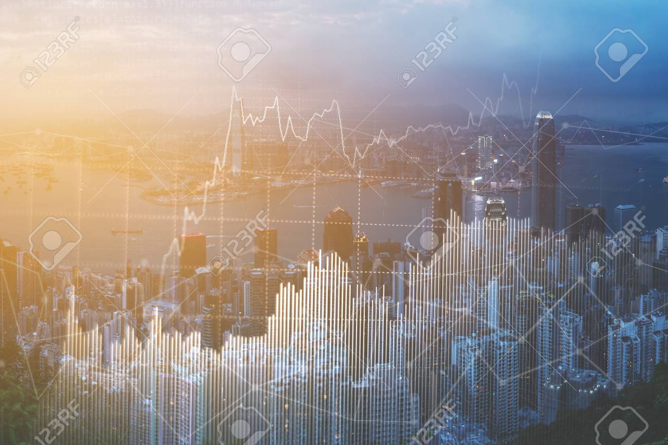 Double explosure with business charts and financial district - 77564708 Double explosure with business charts and financial district - 77564708