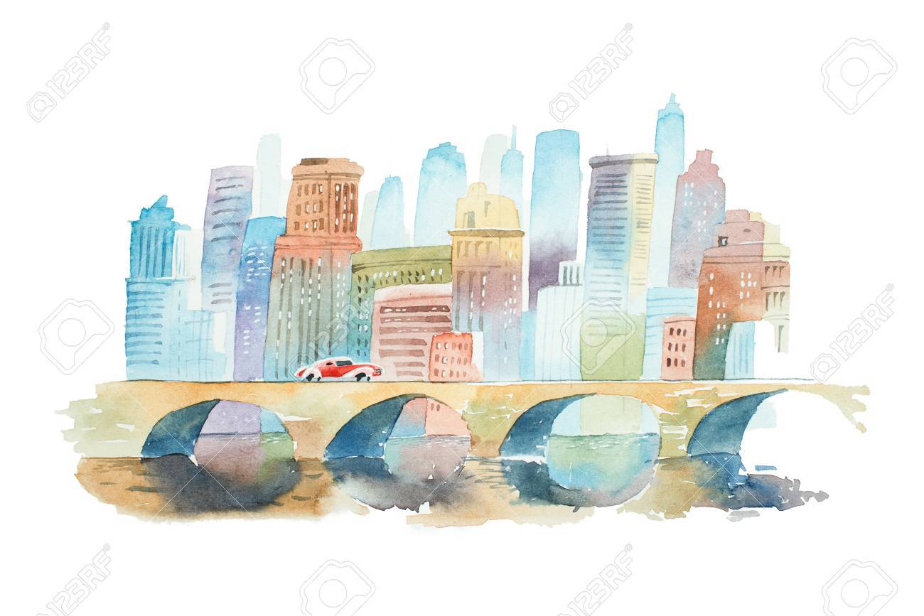 手描き水彩都市景観手前に石造りの橋と背景の高層ビル の写真素材 画像素材 Image