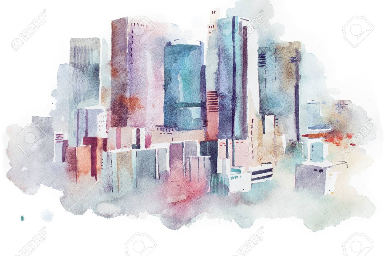 watercolor drawing cityscape big city downtown, aquarelle painting - 80044378 watercolor drawing cityscape big city downtown, aquarelle painting - 80044378