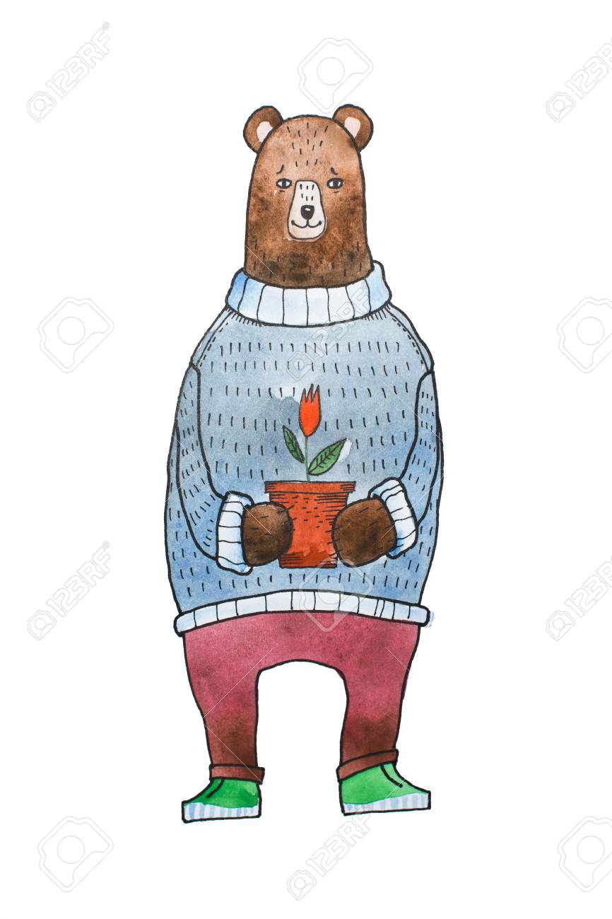 Illustration Aquarelle Pour Les Enfants De Dessin Animé Ours Brun Portant Un Chandail Chaud Tenant Un Pot De Fleurs Avec Une Fleur