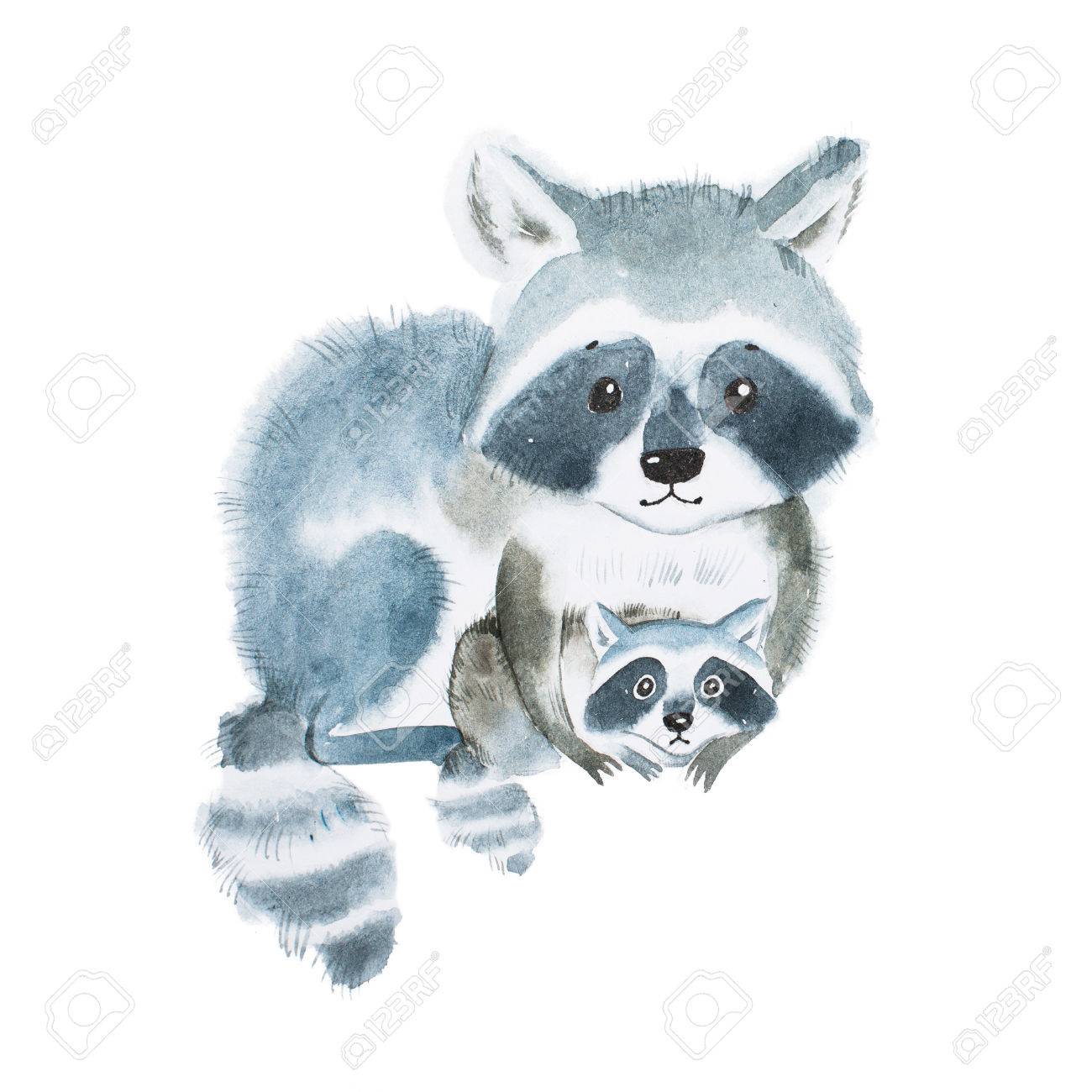 Cute fuzzy raccoon family, mother warming her little baby. Artwork created with watercolor technique. - 80694305 Cute fuzzy raccoon family, mother warming her little baby. Artwork created with watercolor technique. - 80694305