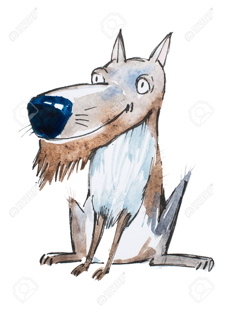 Dessin Aquarelle De Chien Dessin Animé Souriant Drôle Ou Loup Avec La Barbe à La Fourrure Tirée à La Main