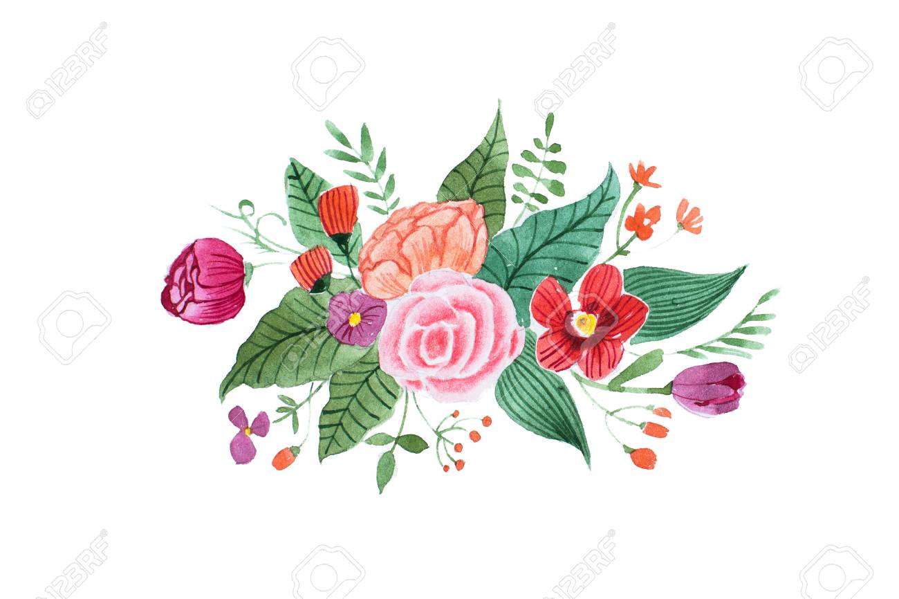 Aquarelle Dessin De Joli Petit Bouquet Fait De Diverses Fleurs Rouges Et Violettes Et Roses Isolés Sur Fond Blanc