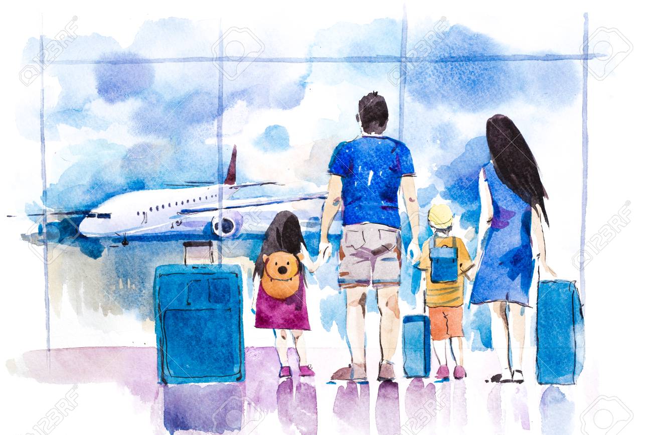 Young family travelling in international airport standing near window. - 102321594 Young family travelling in international airport standing near window. - 102321594