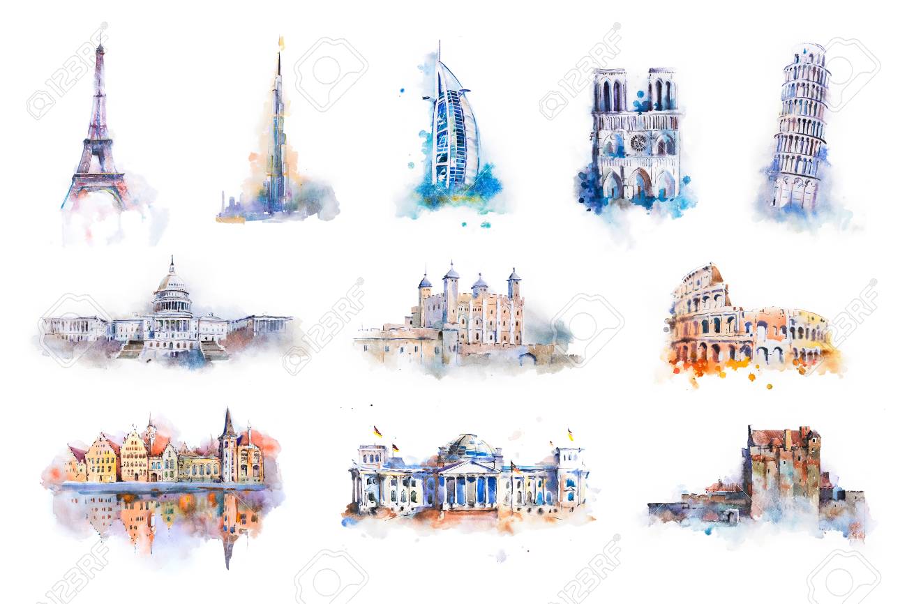 Watercolor drawing most famous buildings, architecture, sights of European and other countries - 105389117 Watercolor drawing most famous buildings, architecture, sights of European and other countries - 105389117