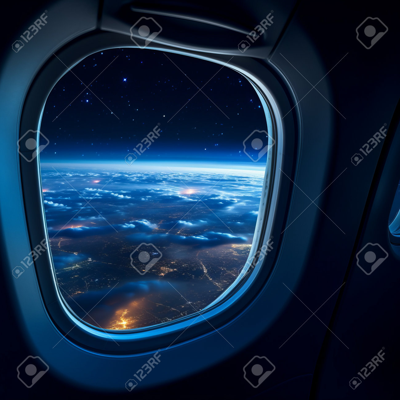 夜の街の飛行機の窓の舷窓からの眺め。の写真素材・画像素材 Image