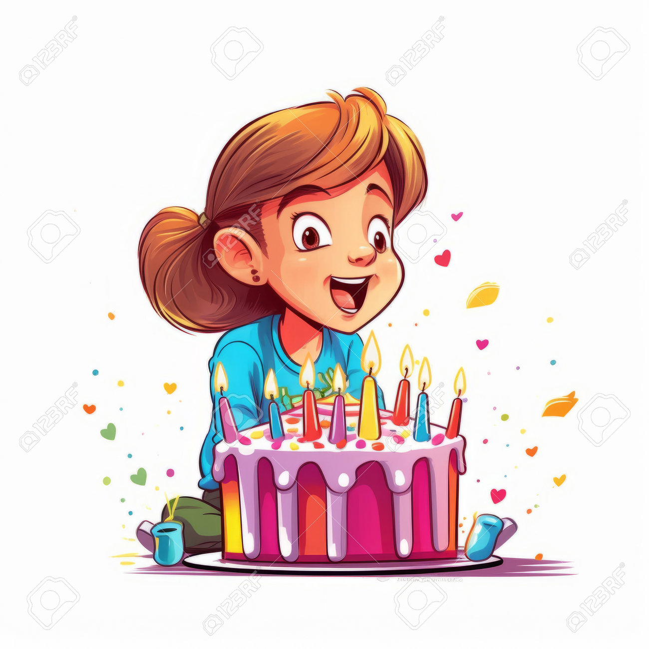 Cute Girl Blowing Candles On Birthday Cake. Vector Cartoon Illustration.  Stock Photo, Picture and Royalty Free Image. Image 209376687., image size:1300x1300