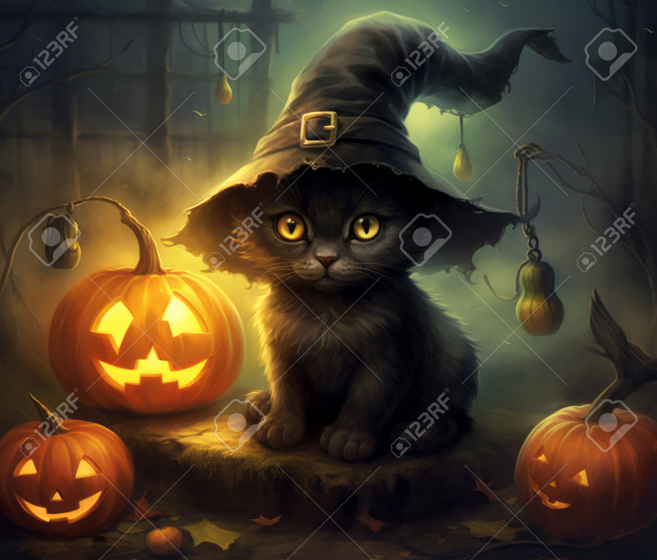 カボチャと魔女の帽子をかぶったハロウィーンの猫。ハロウィーンの背景