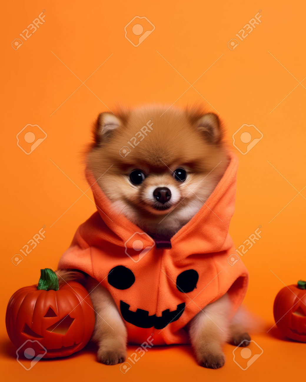 オレンジの背景にハロウィーンの衣装を着たかわいいポメラニアン犬の