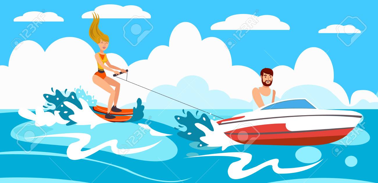 Girl Goes For Water Skiing After Boat. Active Holiday On Sunny Day. Sport  On Vacation. Water Ski Rental. Vector Illustration. Sea And Sun On Weekend.  Man On Boat Skates Water Skier. Royalty, image size:1300x629