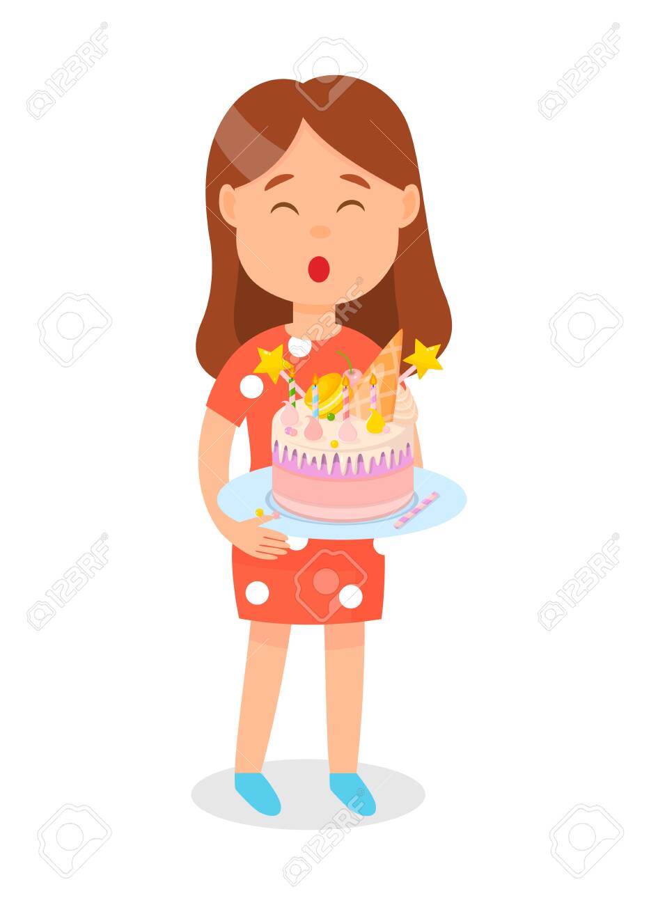 Girl Holding Birthday Cake On Plate Blowing Out Candles Poster Royalty Free Cliparts Vectors And Stock Illustration Image