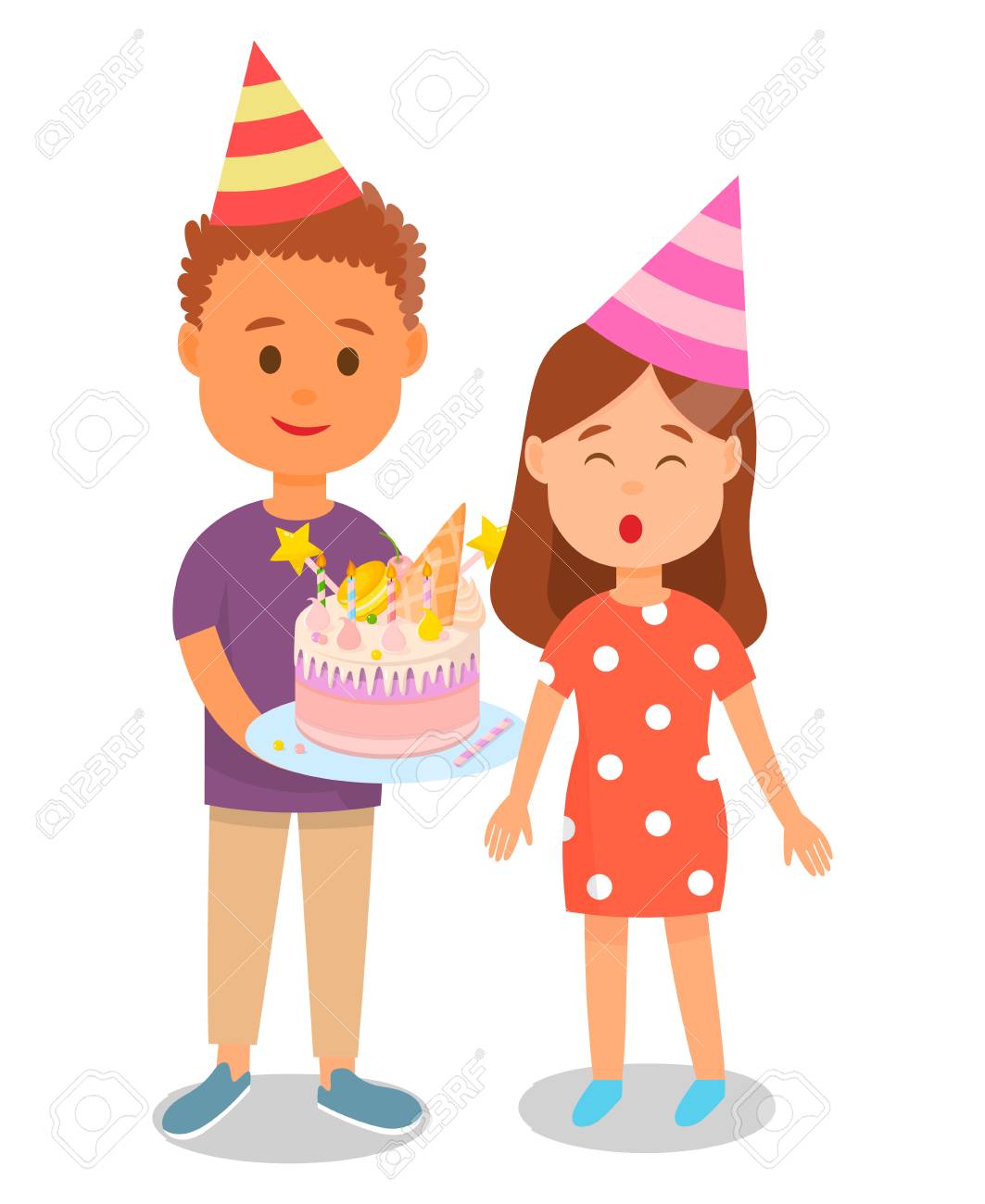 Boy In Birthday Hat Holding Cake For Girl Blowing Out Candles Royalty Free Cliparts Vectors And Stock Illustration Image