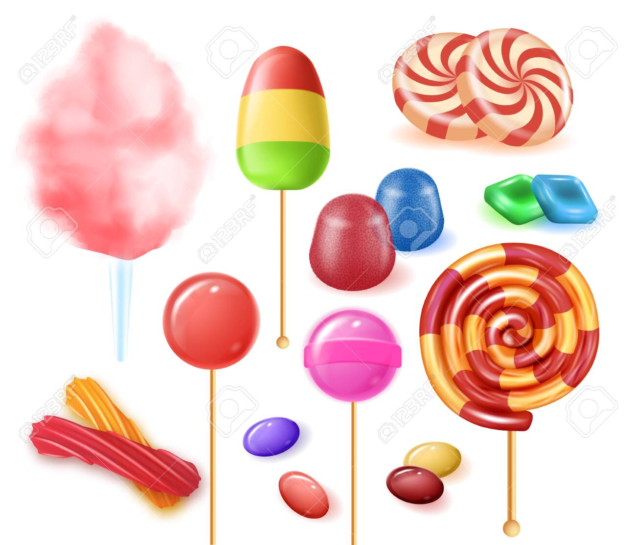 Types Colorful Fruit Candies On White Background Lollipops Made