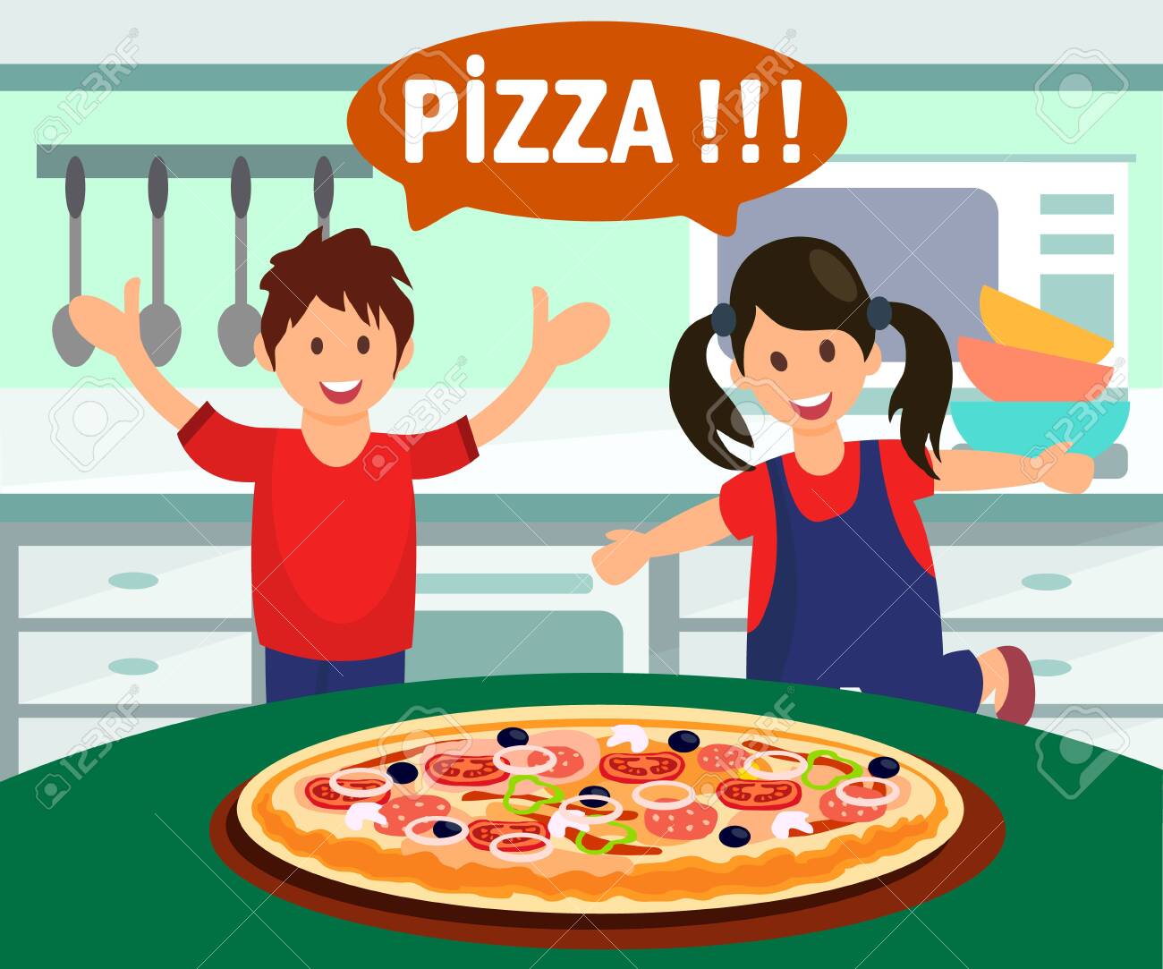 Children Enjoying Pizza Flat Vector Illustration. People Getting Food  Delivery. White Text In Speech Bubble. Home-Cooked Tasty, Delicious Pastry.  Modern Home Kitchen Cartoon Interior Royalty Free SVG, Cliparts, Vectors,  and Stock Illustration., image size:1300x1083
