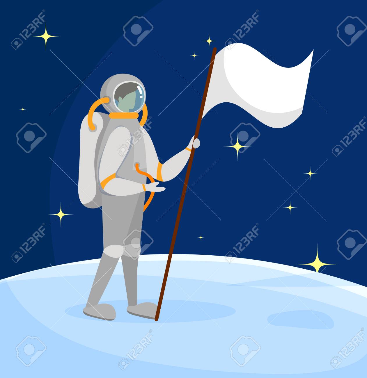 Astronaut Standing On Moon Surface With White Flag In Hand On Royalty Free Cliparts Vectors And Stock Illustration Image 123089333