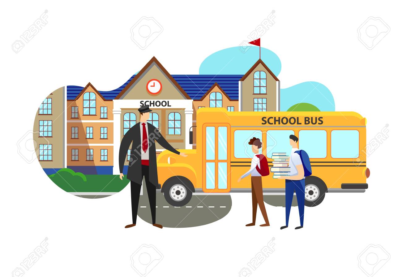 Schoolboys Entering Yellow Bus Driver In Uniform Meeting Kids Royalty Free Cliparts Vectors And Stock Illustration Image 121582060