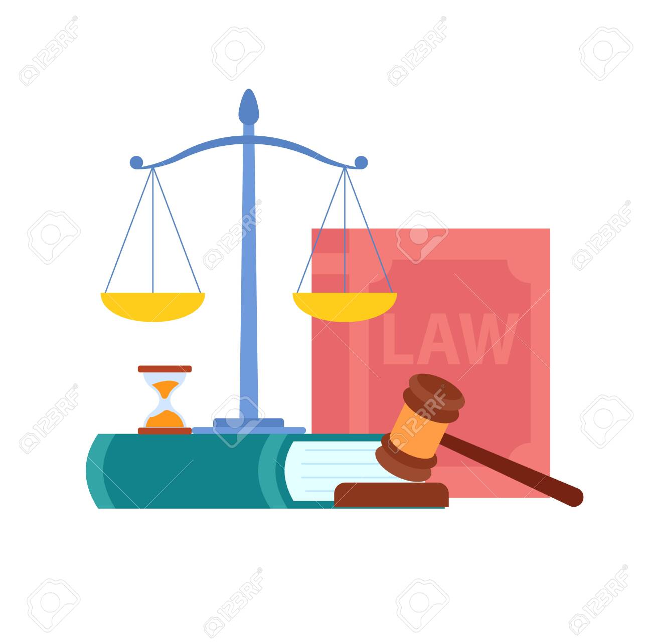 Law, Order, Court Symbols Vector Illustration. Magistrate Gavel, Scales,  Cases Reports, Book. Legal Advice, Consulting Firm. Cartoon Hourglass,  Wooden Judge Hammer. Jurisprudence Textbooks Royalty Free SVG, Cliparts,  Vectors, and Stock Illustration. Image, image size:1300x1281